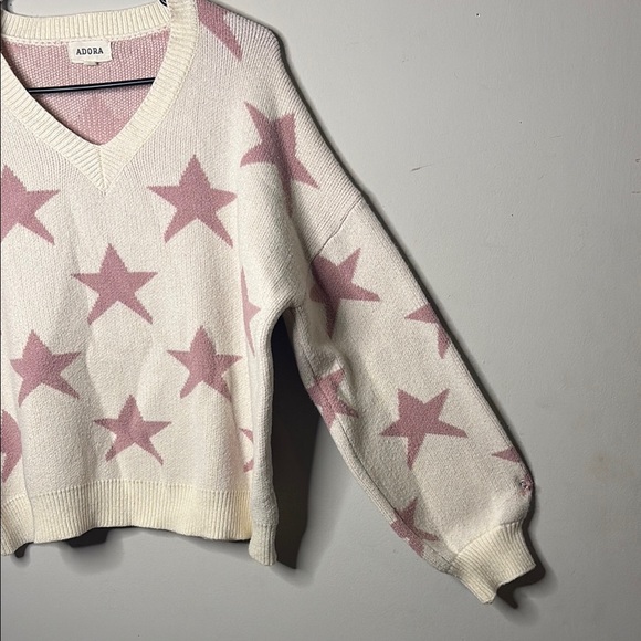 ADORA Cream and Pink Star V-Neck Sweater - Picture 5 of 6
